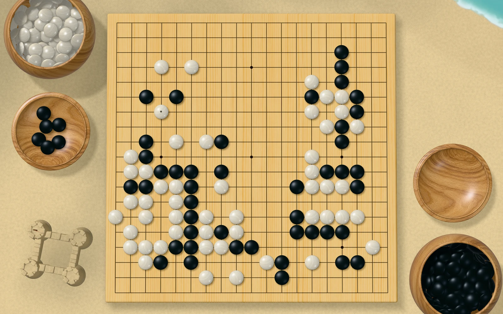 操作パネルを隠し、碁盤と碁笥だけを表示した禅モードの画面