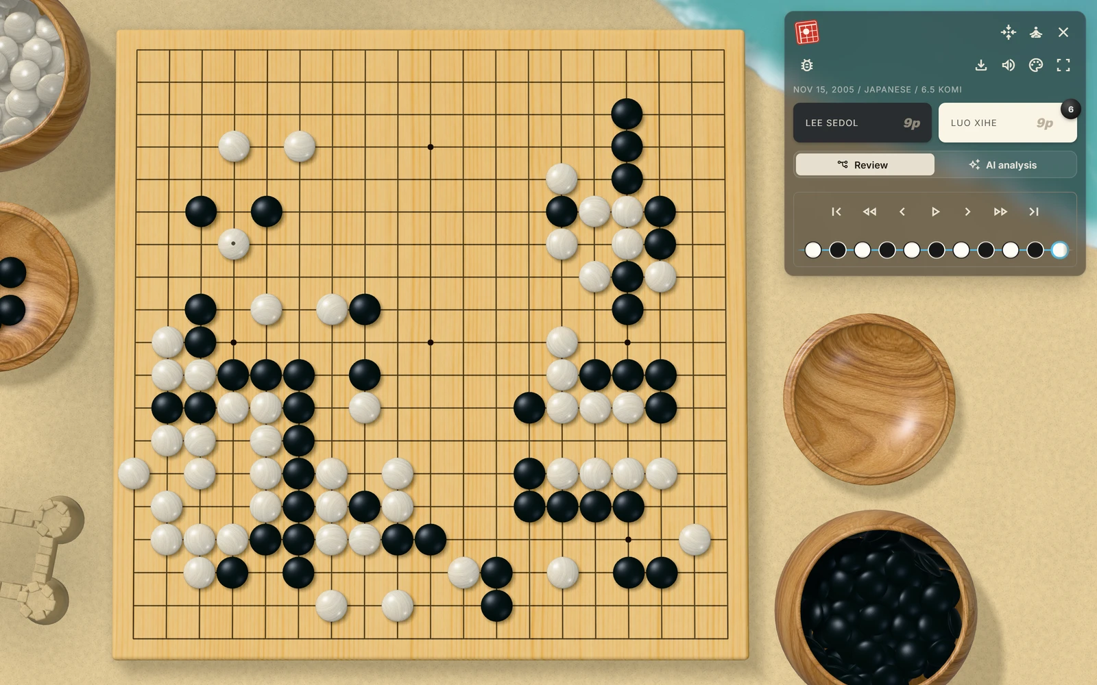 顯示復盤面板和控制元件的對局畫面