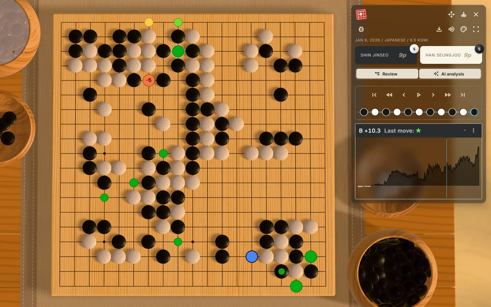 夕陽庭院中的Stone 3D棋盤，展示AI候選下法和對局分析